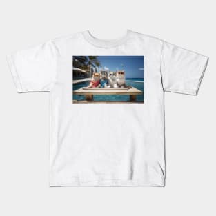 4 Cats Sunbathing Wearing Sun Glasses On a Wooden Deck Kids T-Shirt